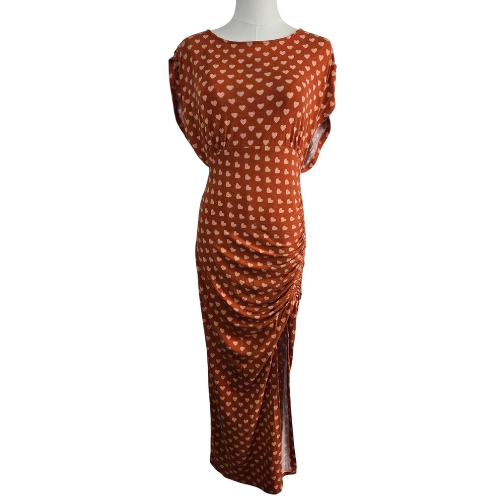 Free Peopleā Dress Womens S Orange Maxi Bodycon Polka Dot Ruched Cutout Back